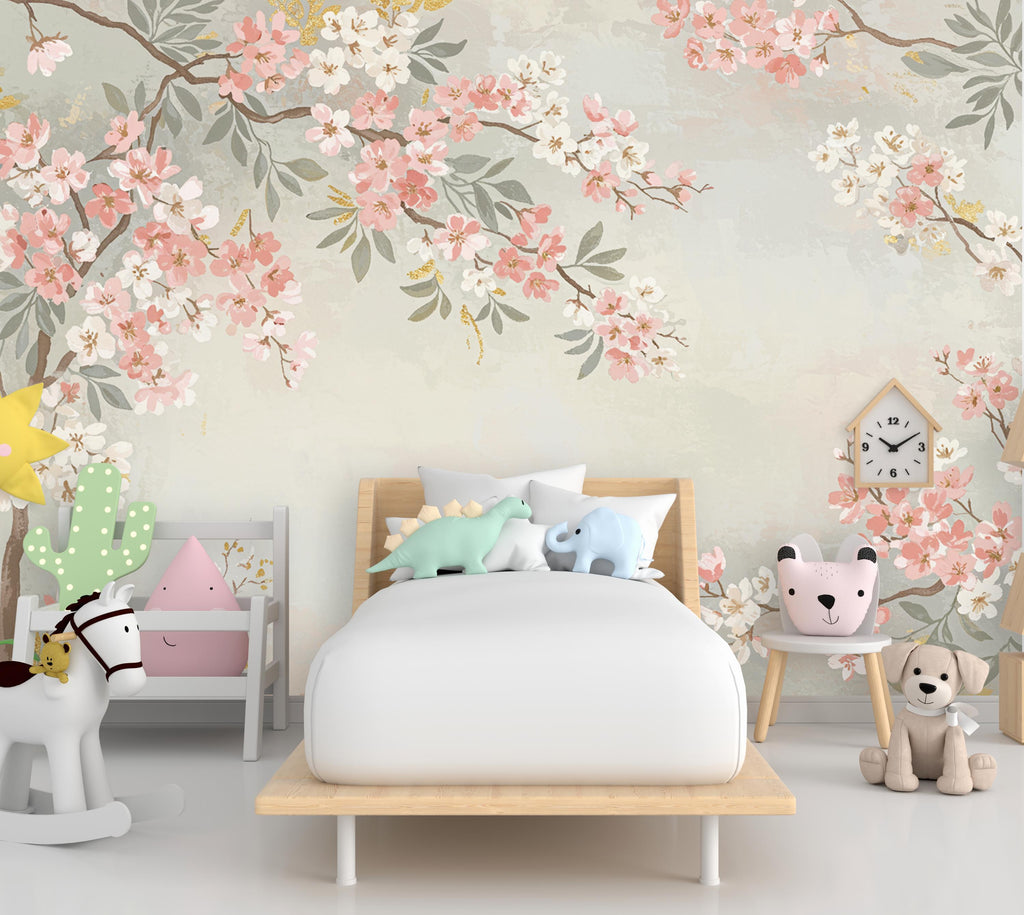 Elegant Cherry Blossom Wall Mural – Hand-Painted Watercolor | Floral Wallpaper, Japanese Sakura Tree wallpaper 991RS