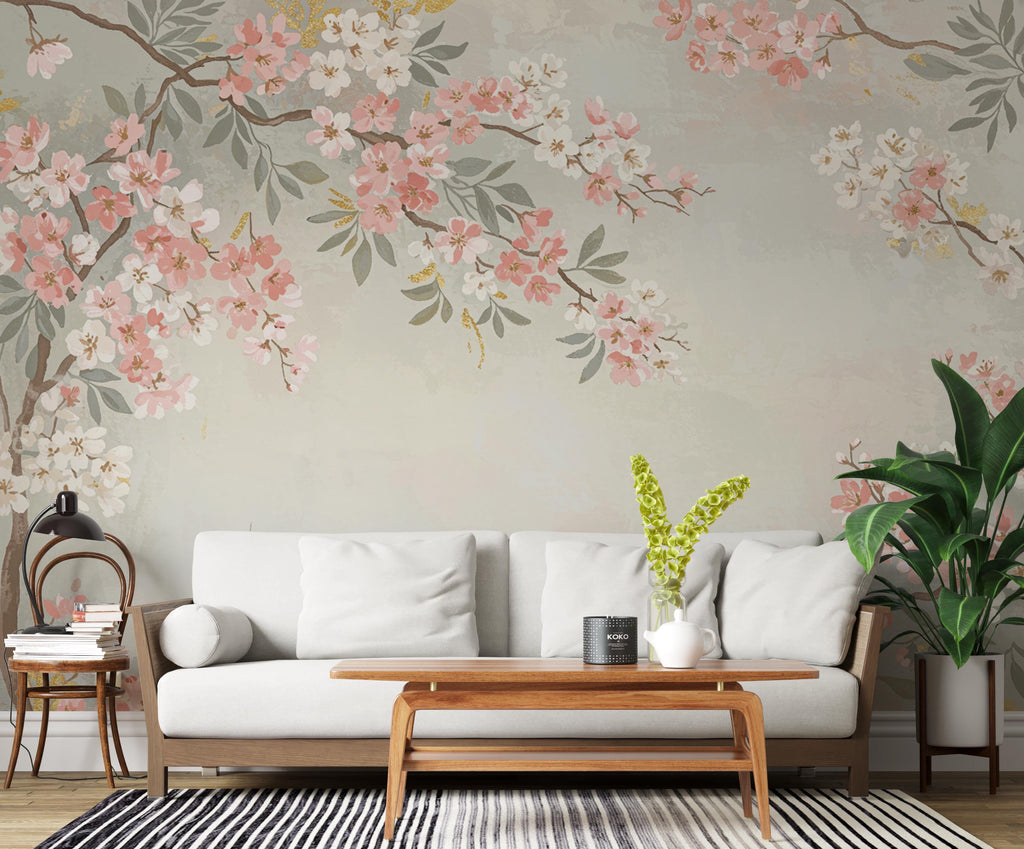 Elegant Cherry Blossom Wall Mural – Hand-Painted Watercolor | Floral Wallpaper, Japanese Sakura Tree wallpaper 991RS
