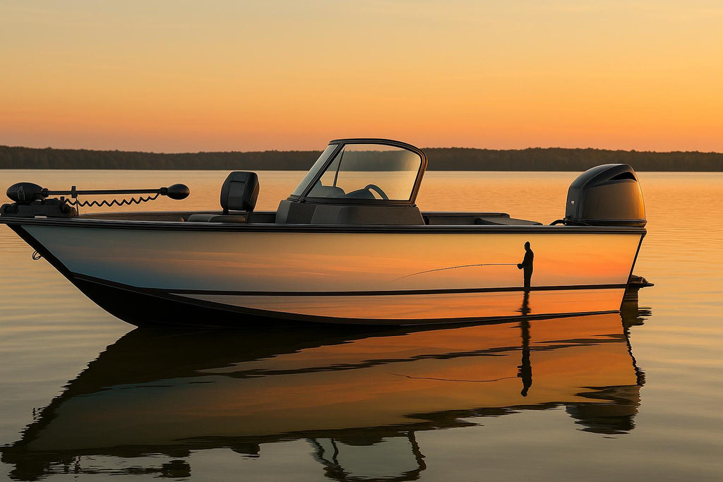 Sunset Fisher Boat Wrap – Realistic Angler Silhouette Marine Vinyl Design for Fishing Boats, Lake Boats & Sport Boats | Golden Hour Boat