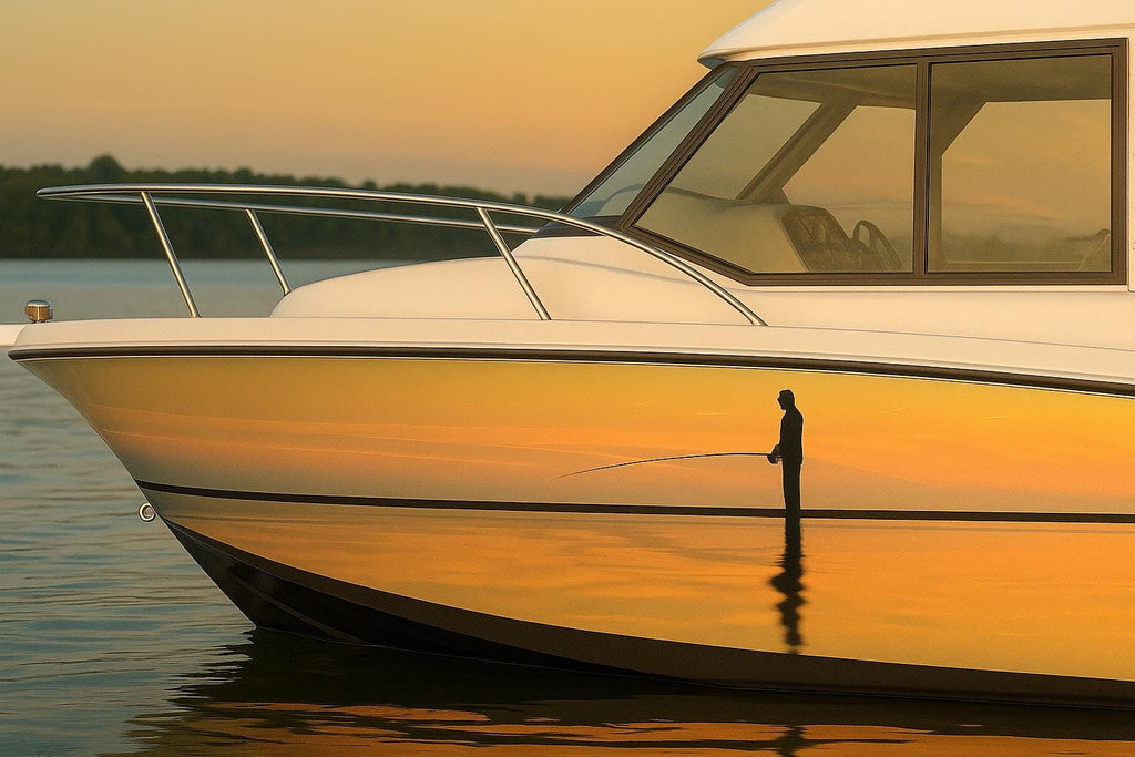 Sunset Fisher Boat Wrap – Realistic Angler Silhouette Marine Vinyl Design for Fishing Boats, Lake Boats & Sport Boats | Golden Hour Boat