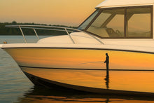 Load image into Gallery viewer, Sunset Fisher Boat Wrap – Realistic Angler Silhouette Marine Vinyl Design for Fishing Boats, Lake Boats &amp; Sport Boats | Golden Hour Boat