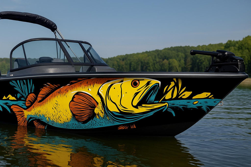 Bold Bass Boat Wrap – Vibrant Full-Color Fishing Vinyl Design for Bass Boats, Lake Boats & Sport Cruisers | Custom Marine Graphic Boat Wrap
