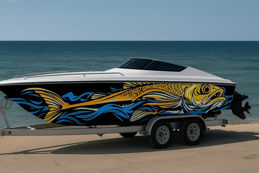 Golden Tarpon Boat Wrap – Striking Full-Color Marine Vinyl Design for Sport Boats, Fishing Boats & Offshore Cruisers | Custom Tarpon Boat