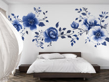 Load image into Gallery viewer, Blue Floral Wall Decal • Large Watercolor Flower Mural • Elegant Peel &amp; Stick Bedroom Wall Sticker • Botanical Wall Art for Home Decor