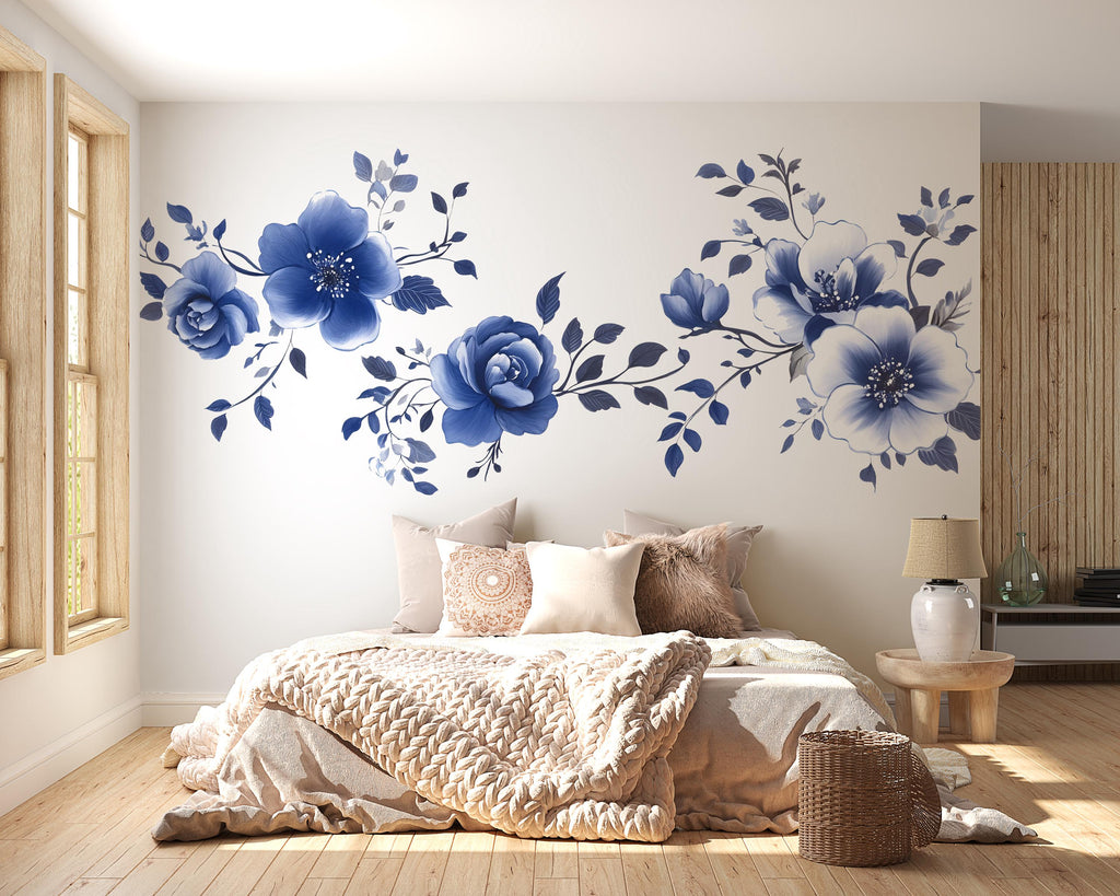 Blue Floral Wall Decal • Large Watercolor Flower Mural • Elegant Peel & Stick Bedroom Wall Sticker • Botanical Wall Art for Home Decor