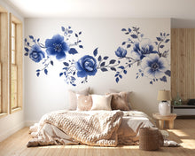 Load image into Gallery viewer, Blue Floral Wall Decal • Large Watercolor Flower Mural • Elegant Peel &amp; Stick Bedroom Wall Sticker • Botanical Wall Art for Home Decor