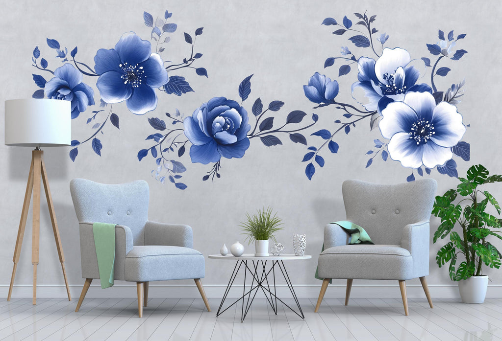 Blue Floral Wall Decal • Large Watercolor Flower Mural • Elegant Peel & Stick Bedroom Wall Sticker • Botanical Wall Art for Home Decor