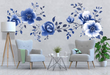 Load image into Gallery viewer, Blue Floral Wall Decal • Large Watercolor Flower Mural • Elegant Peel &amp; Stick Bedroom Wall Sticker • Botanical Wall Art for Home Decor