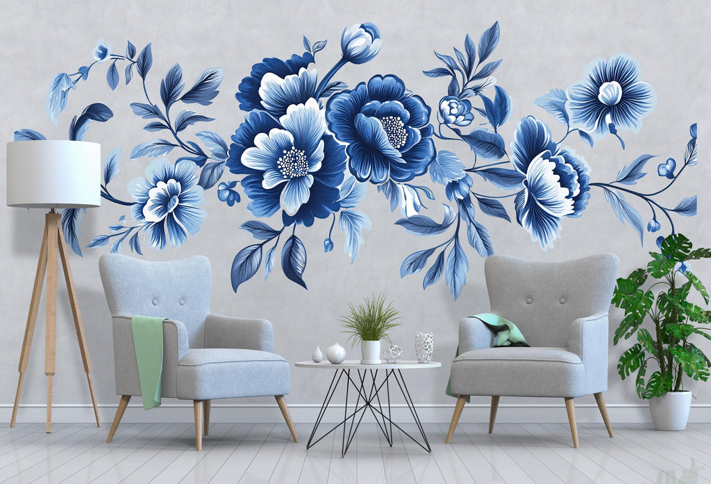Blue Floral Wall Decal • Large Watercolor Flower Mural • Elegant Botanical Peel And Stick Wall Sticker for Bedroom, Living Room & Home Decor