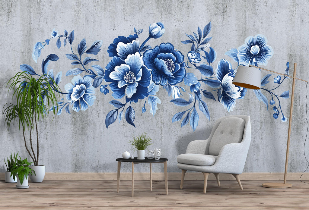 Blue Floral Wall Decal • Large Watercolor Flower Mural • Elegant Botanical Peel And Stick Wall Sticker for Bedroom, Living Room & Home Decor