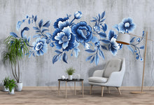 Load image into Gallery viewer, Blue Floral Wall Decal • Large Watercolor Flower Mural • Elegant Botanical Peel And Stick Wall Sticker for Bedroom, Living Room &amp; Home Decor