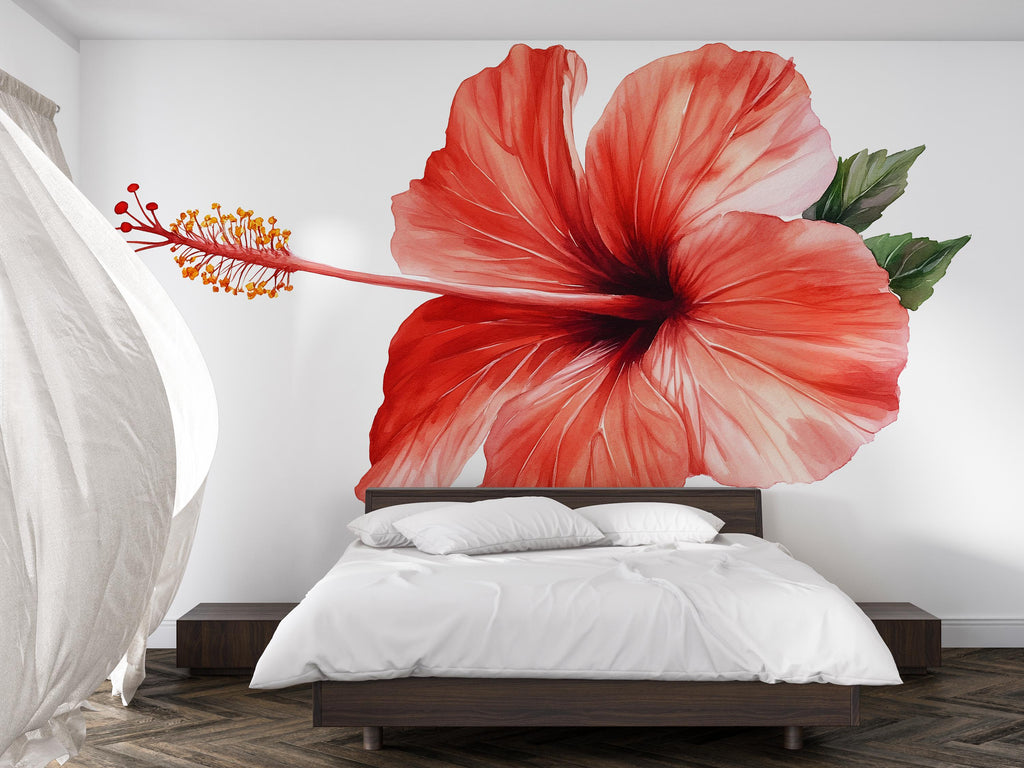 Giant Red Hibiscus Wall Decal • Tropical Flower Mural • Large Peel & Stick Wall Sticker • Botanical Bedroom Decor • Island Floral Wall Art