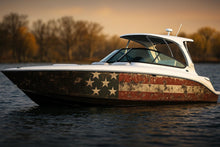 Load image into Gallery viewer, Distressed American Flag Boat Wrap – Patriotic Vintage USA Marine Vinyl for Fishing Boats, Speed Boats &amp; Cruisers | Rustic Flag Boat Wrap