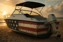 Load image into Gallery viewer, Distressed American Flag Boat Wrap – Patriotic Vintage USA Marine Vinyl for Fishing Boats, Speed Boats &amp; Cruisers | Rustic Flag Boat Wrap