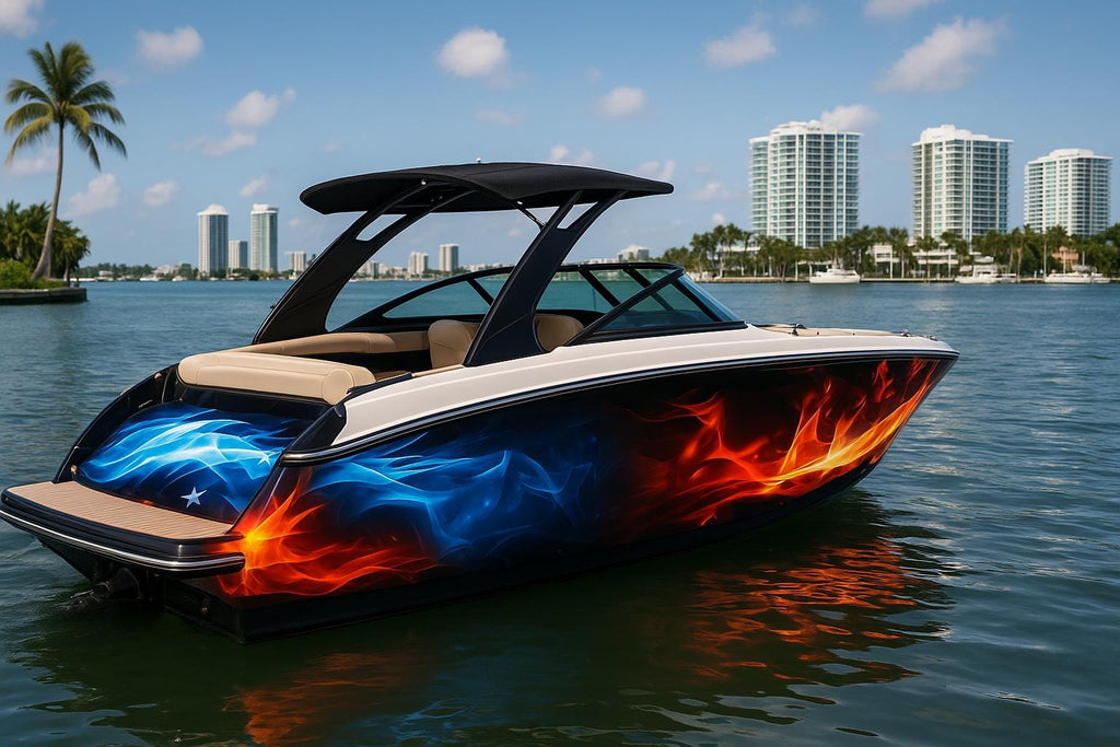 Fire And Ice Patriotic Boat Wrap – Red & Blue Flame Marine Vinyl for Speed Boats, Cruisers And Powerboats | Custom American Boat Graphics