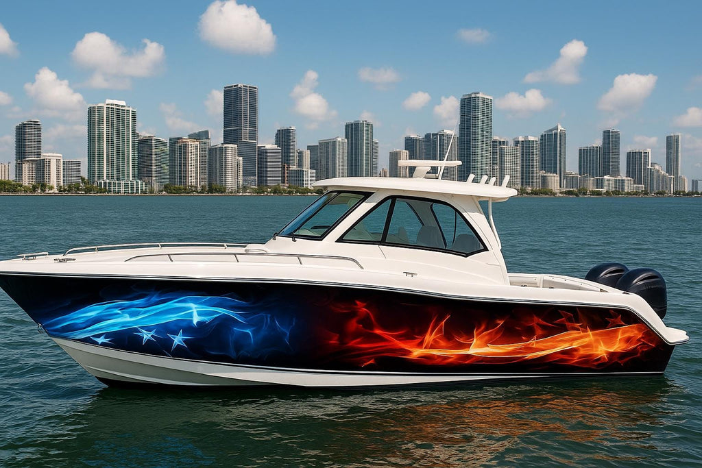 Fire And Ice Patriotic Boat Wrap – Red & Blue Flame Marine Vinyl for Speed Boats, Cruisers And Powerboats | Custom American Boat Graphics