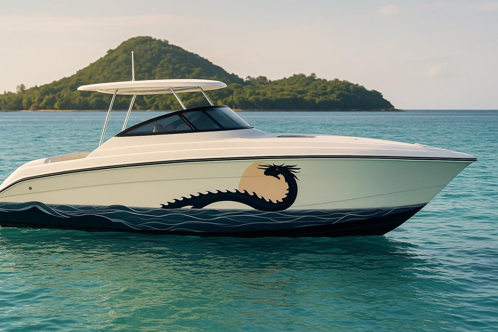 Sea Serpent Sunset Boat Wrap – Nautical Dragon Marine Vinyl for Sport Boats, Cruisers & Offshore Fishing | Ocean Wave Graphic Wrap Design