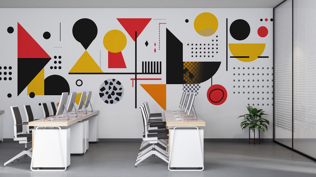 Modern Geometric Wall Decal • Abstract Shapes Office Wall Art • Large Peel and Stick Mural • Minimalist Red Yellow Black Sticker