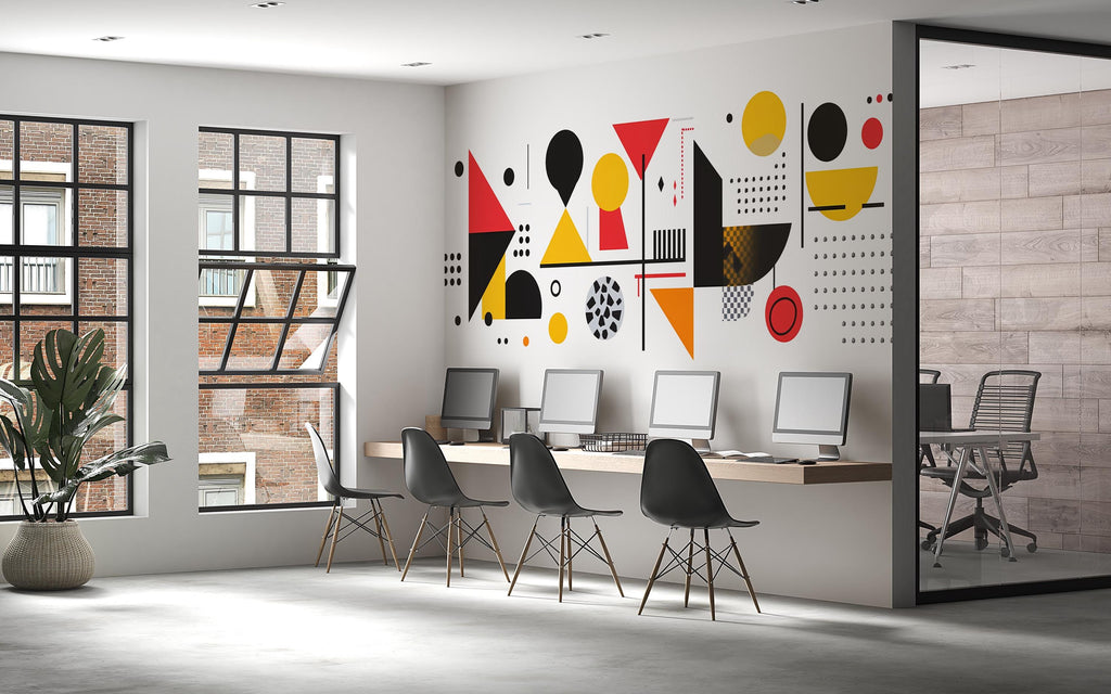 Modern Geometric Wall Decal • Abstract Shapes Office Wall Art • Large Peel and Stick Mural • Minimalist Red Yellow Black Sticker