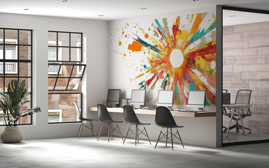 Abstract Sunburst Paint Splash Wall Decal – Large Colorful Modern Art Mural Sticker for Office, Creative Studio, Bedroom & Living Room