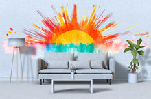 Load image into Gallery viewer, Sunrise Wall Decal Watercolor Sunburst Sticker • Kids Room Wall Art • Colorful Sunshine Mural • Peel and Stick Vinyl • Nursery Wall Decor