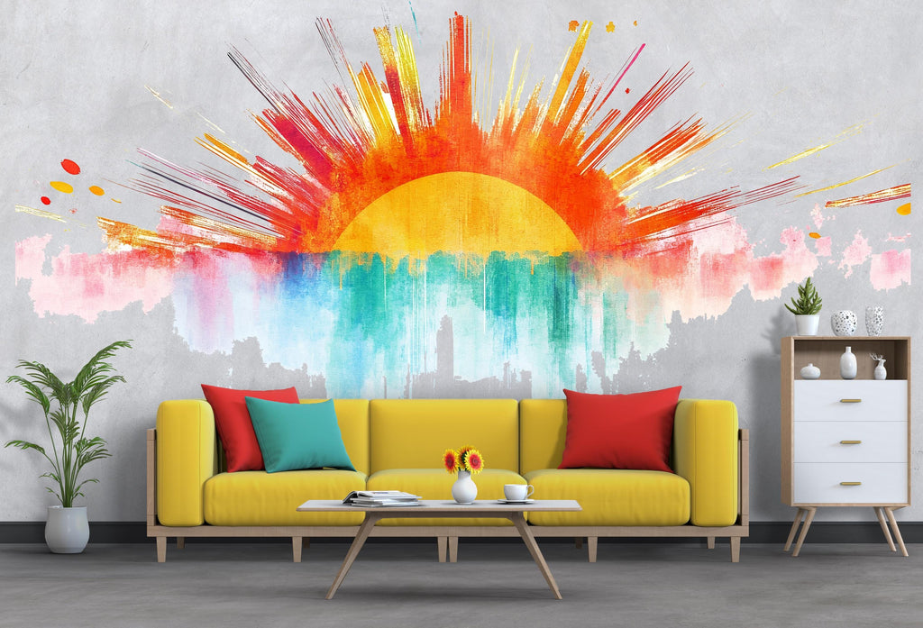Sunrise Wall Decal Watercolor Sunburst Sticker • Kids Room Wall Art • Colorful Sunshine Mural • Peel and Stick Vinyl • Nursery Wall Decor