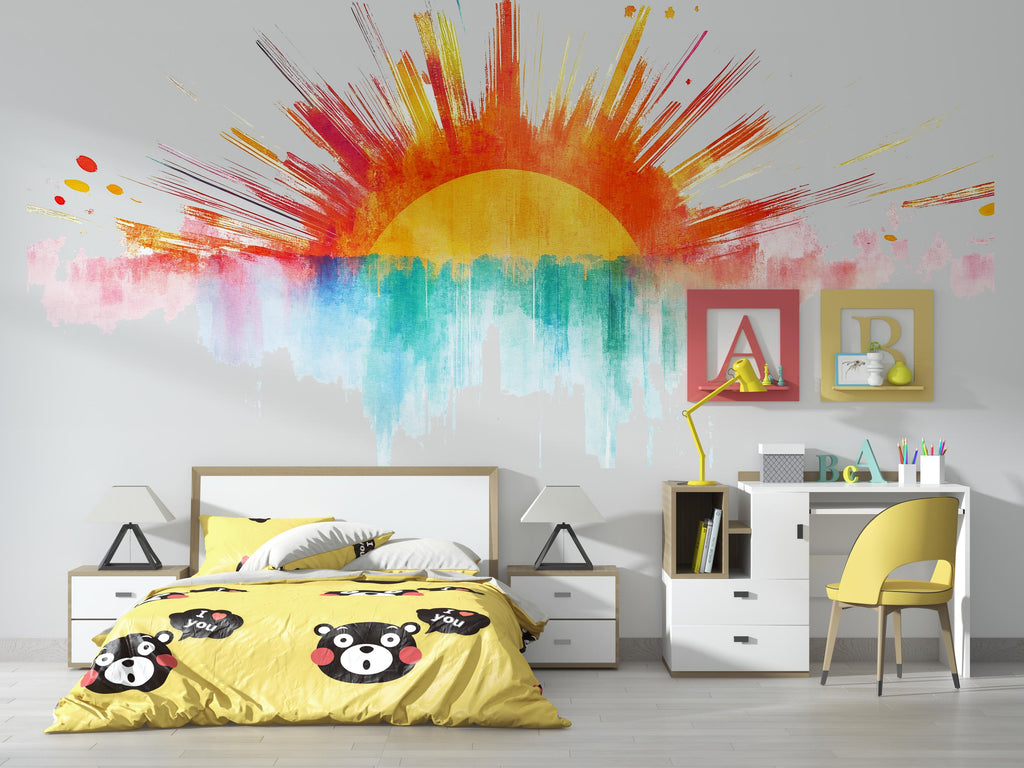 Sunrise Wall Decal Watercolor Sunburst Sticker • Kids Room Wall Art • Colorful Sunshine Mural • Peel and Stick Vinyl • Nursery Wall Decor
