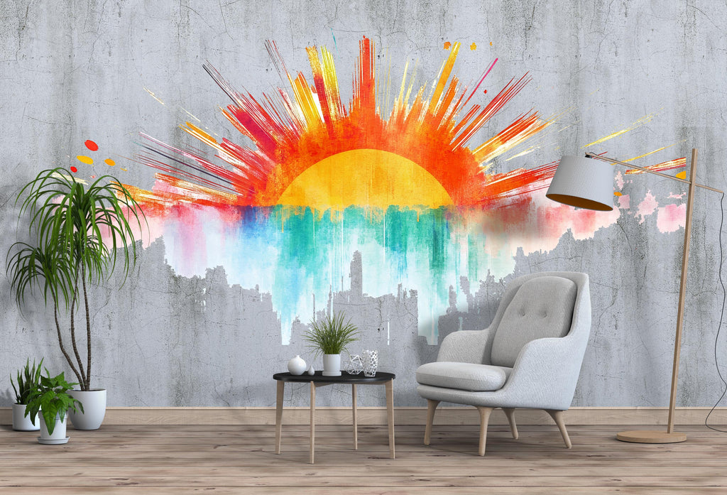 Sunrise Wall Decal Watercolor Sunburst Sticker • Kids Room Wall Art • Colorful Sunshine Mural • Peel and Stick Vinyl • Nursery Wall Decor