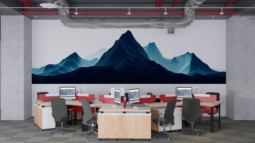 Modern Mountain Wall Decal for Office or Home | Blue Landscape Wall Sticker | Large Scenic Mural | Removable Peel and Stick Wall Art