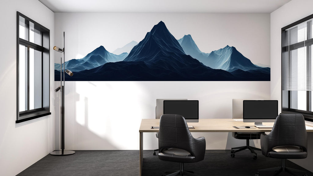 Modern Mountain Wall Decal for Office or Home | Blue Landscape Wall Sticker | Large Scenic Mural | Removable Peel and Stick Wall Art