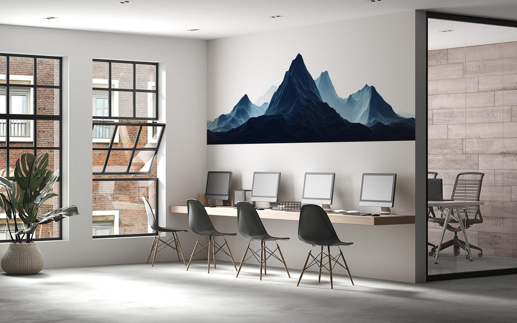 Modern Mountain Wall Decal for Office or Home | Blue Landscape Wall Sticker | Large Scenic Mural | Removable Peel and Stick Wall Art