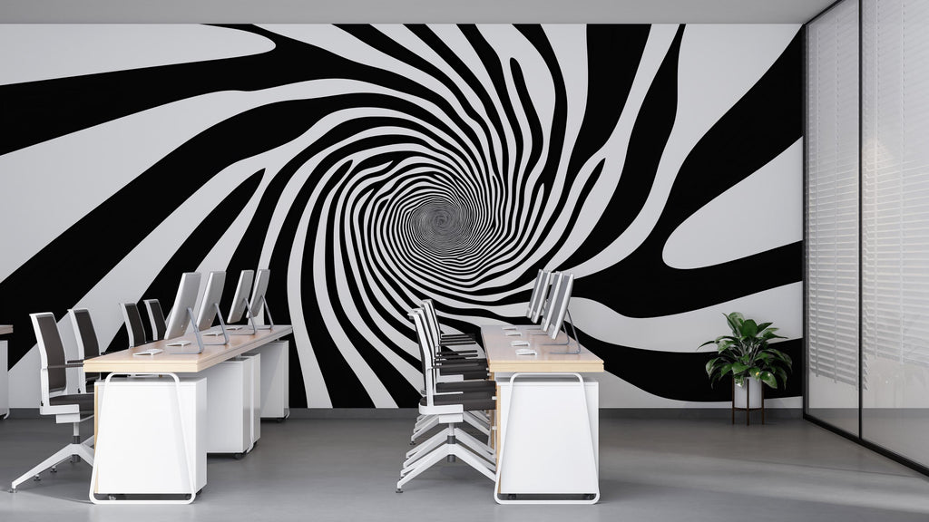 Hypnotic Swirl Wall Decal, Black And White Spiral Office Wall Art, Modern Large Abstract Sticker, Optical Illusion Mural For Workspace Decor