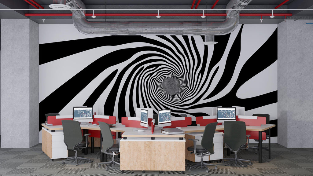 Hypnotic Swirl Wall Decal, Black And White Spiral Office Wall Art, Modern Large Abstract Sticker, Optical Illusion Mural For Workspace Decor