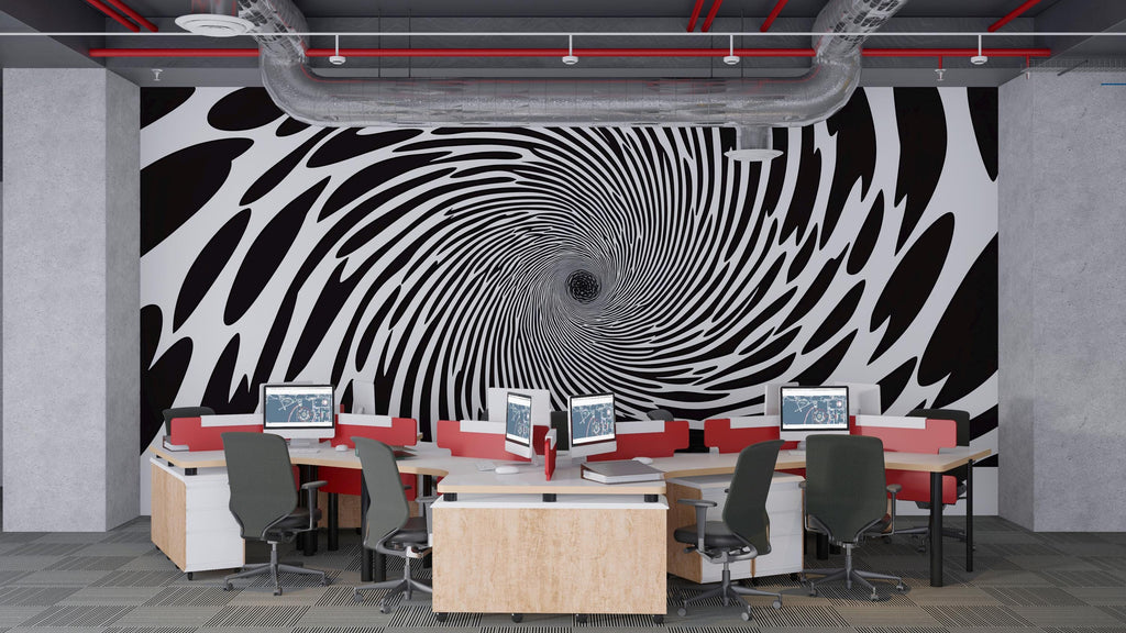 Black and White Vortex Wall Decal, Modern Optical Illusion Wall Sticker, Abstract Office Decor, Large Mural Sticker for Home or Workspace
