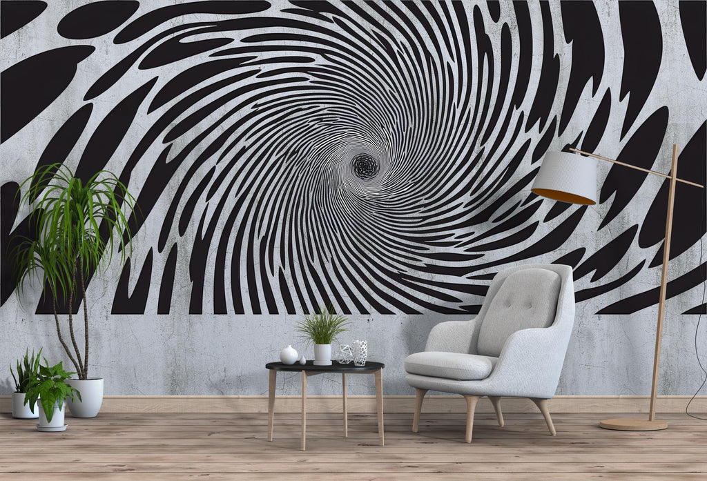 Black and White Vortex Wall Decal, Modern Optical Illusion Wall Sticker, Abstract Office Decor, Large Mural Sticker for Home or Workspace