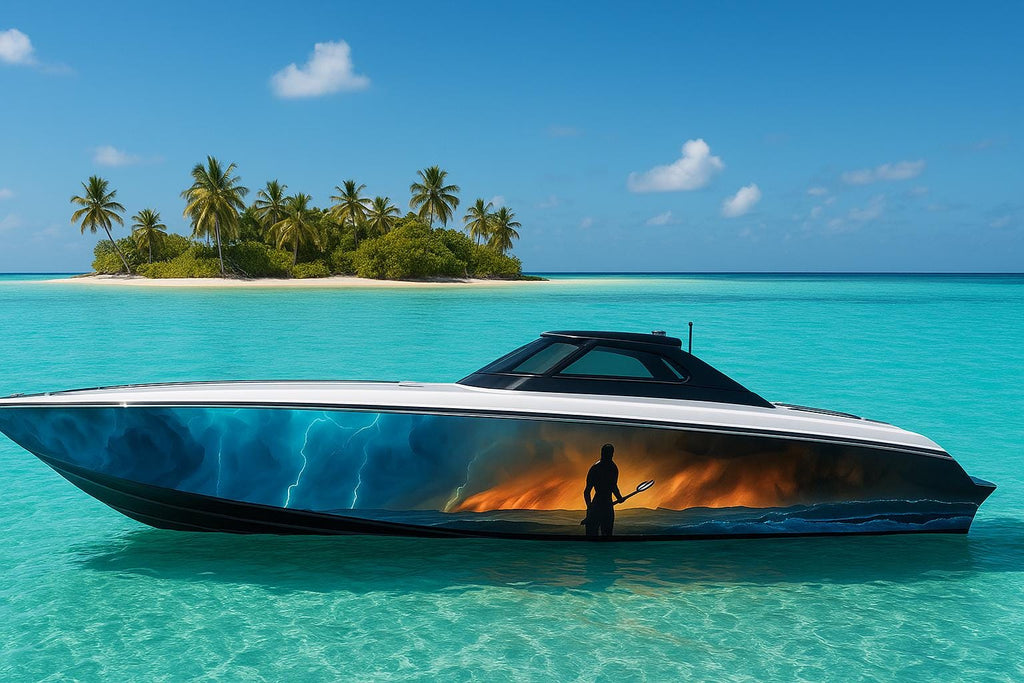 Poseidon’s Wrath Boat Wrap – Mythic Ocean God Storm Scene Marine Vinyl | Lightning Sky & Deep Sea Design for Sport Boats