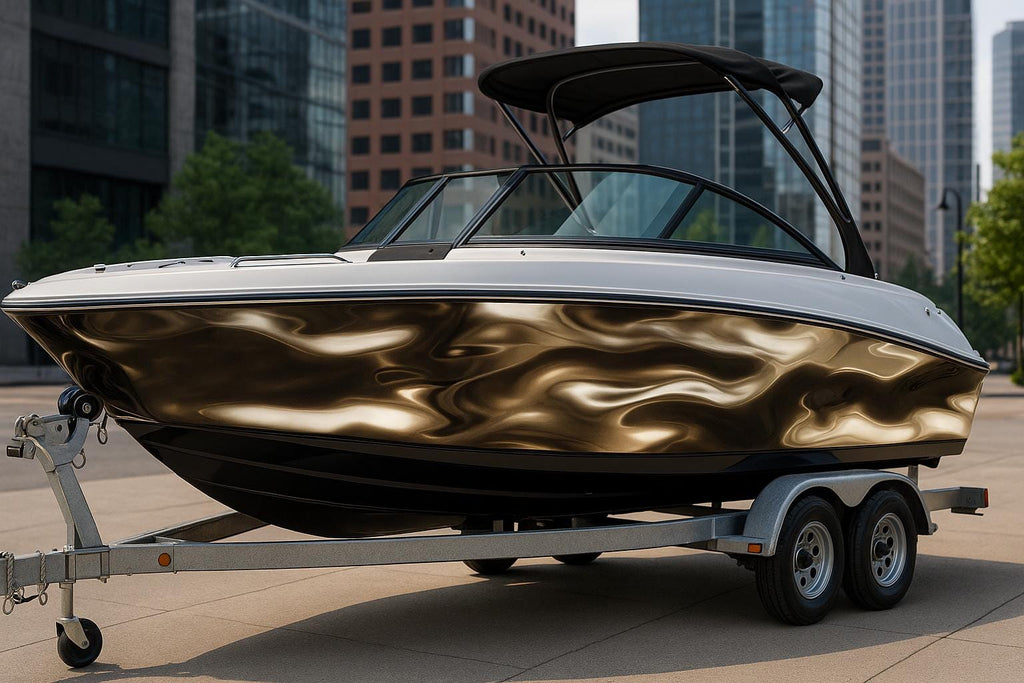 Molten Gold Boat Wrap – Luxury Metallic Fluid Design Marine Vinyl | Reflective Gold Wave Texture for Sport Boats, Cruisers & Yachts