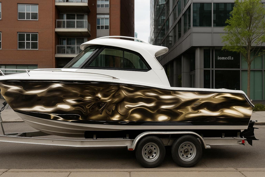 Molten Gold Boat Wrap – Luxury Metallic Fluid Design Marine Vinyl | Reflective Gold Wave Texture for Sport Boats, Cruisers & Yachts