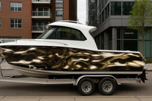 Load image into Gallery viewer, Molten Gold Boat Wrap – Luxury Metallic Fluid Design Marine Vinyl | Reflective Gold Wave Texture for Sport Boats, Cruisers &amp; Yachts