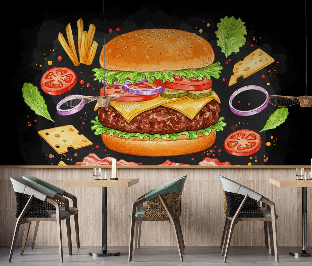 Burger Wallpaper Peel and stick Wall Mural Food Illustrations, Kitchen Decor Fabric Restaurant Mural 992RS