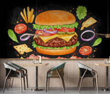 Load image into Gallery viewer, Burger Wallpaper Peel and stick Wall Mural Food Illustrations, Kitchen Decor Fabric Restaurant Mural 992RS