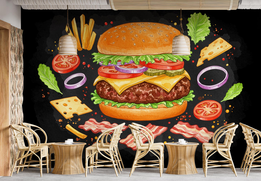 Burger Wallpaper Peel and stick Wall Mural Food Illustrations, Kitchen Decor Fabric Restaurant Mural 992RS