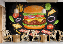 Load image into Gallery viewer, Burger Wallpaper Peel and stick Wall Mural Food Illustrations, Kitchen Decor Fabric Restaurant Mural 992RS
