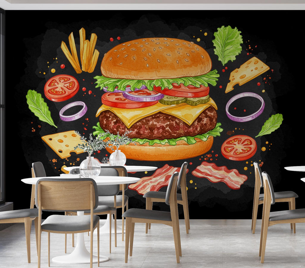 Burger Wallpaper Peel and stick Wall Mural Food Illustrations, Kitchen Decor Fabric Restaurant Mural 992RS