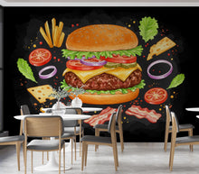 Load image into Gallery viewer, Burger Wallpaper Peel and stick Wall Mural Food Illustrations, Kitchen Decor Fabric Restaurant Mural 992RS