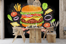 Load image into Gallery viewer, Burger Wallpaper Peel and stick Wall Mural Food Illustrations, Kitchen Decor Fabric Restaurant Mural 992RS