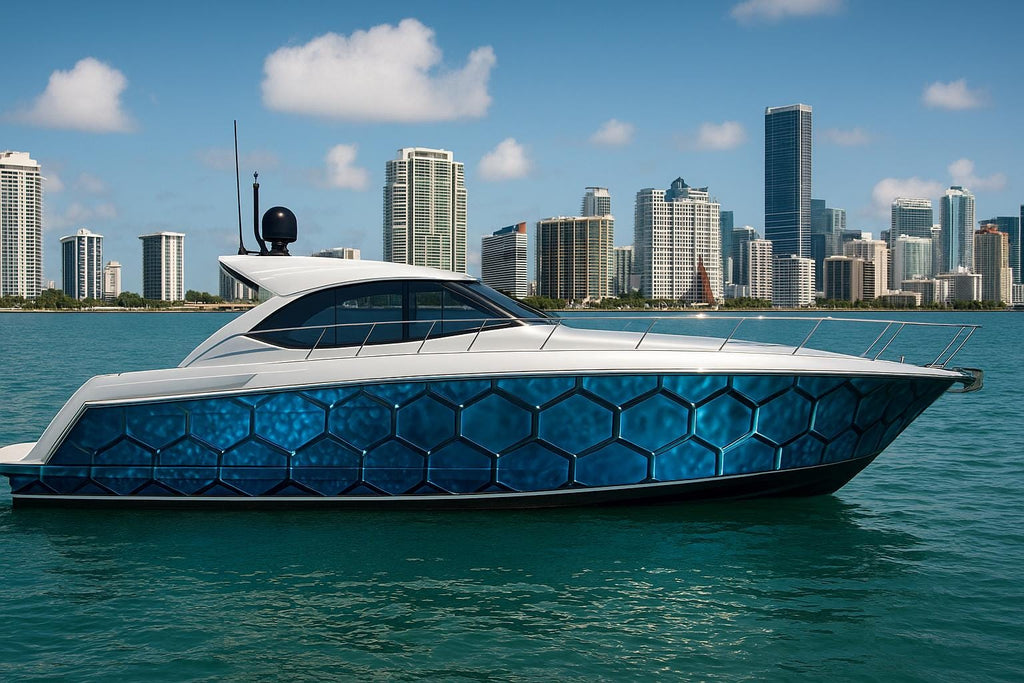 Blue Hex Boat Wrap – Geometric 3D Marine Vinyl Wrap | Modern Yacht Graphic with Metallic Honeycomb Pattern | Custom Boat Side Decal