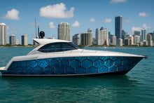 Load image into Gallery viewer, Blue Hex Boat Wrap – Geometric 3D Marine Vinyl Wrap | Modern Yacht Graphic with Metallic Honeycomb Pattern | Custom Boat Side Decal