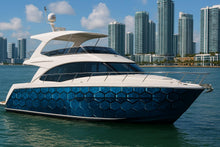 Load image into Gallery viewer, Blue Hex Boat Wrap – Geometric 3D Marine Vinyl Wrap | Modern Yacht Graphic with Metallic Honeycomb Pattern | Custom Boat Side Decal