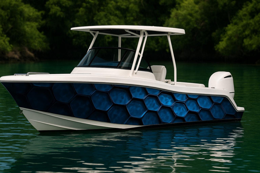 Blue Hex Boat Wrap – Modern Geometric Marine Vinyl | 3D Honeycomb Texture for Sport Boats, Center Consoles, and Fishing Boats